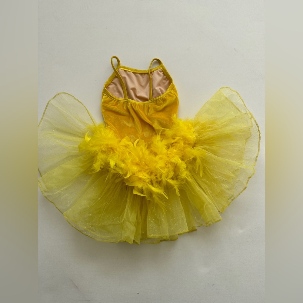 Jazzamatazz -Dance/Figure Skating Costume - Yellow Velvet-Tulle & Feather Skirt - Picture 6 of 9